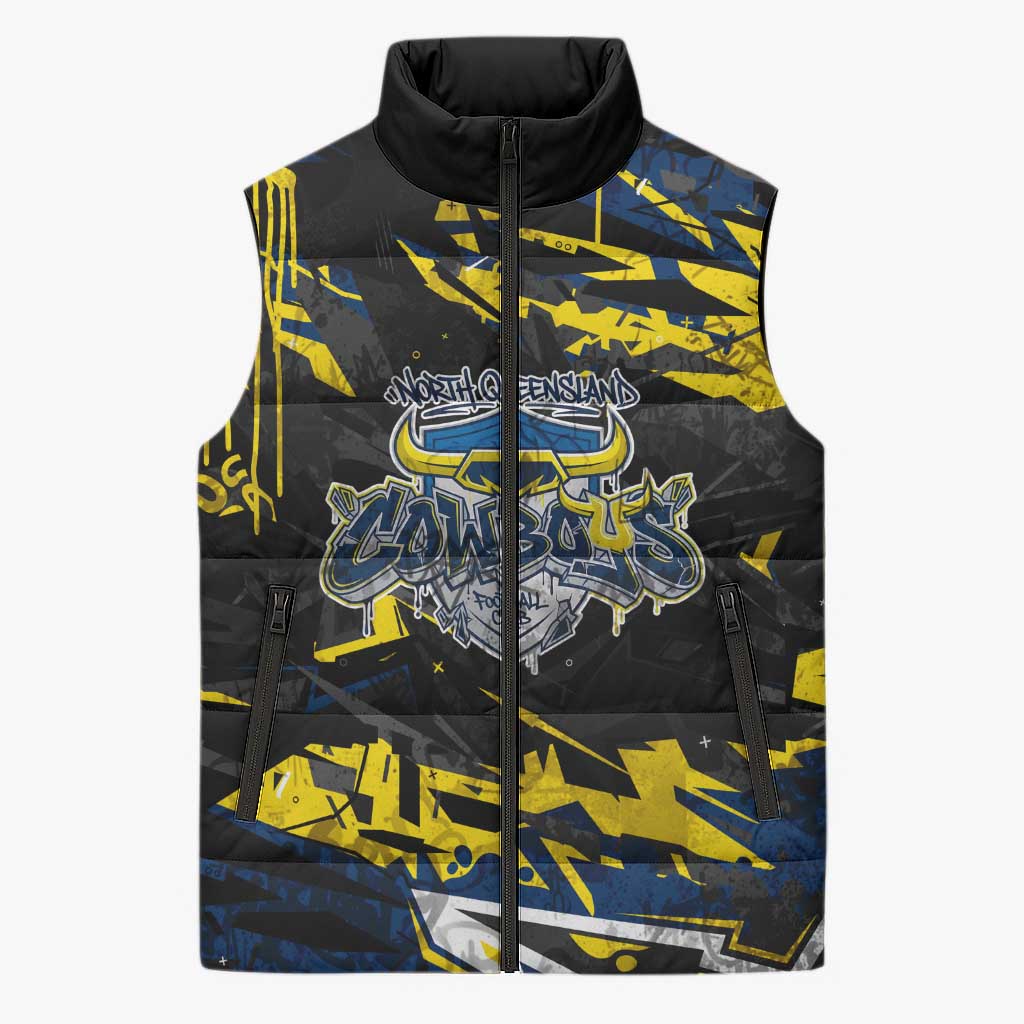 Personalized North Queensland Cowboys Sleeveless Puffer Jacket Graffiti Grunge Abstract Urban Street Style Design