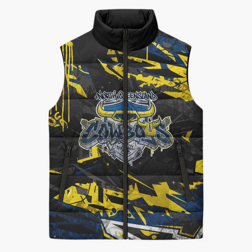 Personalized North Queensland Cowboys Sleeveless Puffer Jacket Graffiti Grunge Abstract Urban Street Style Design