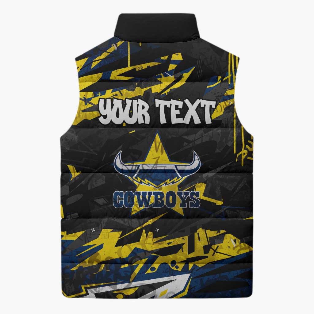 Personalized North Queensland Cowboys Sleeveless Puffer Jacket Graffiti Grunge Abstract Urban Street Style Design