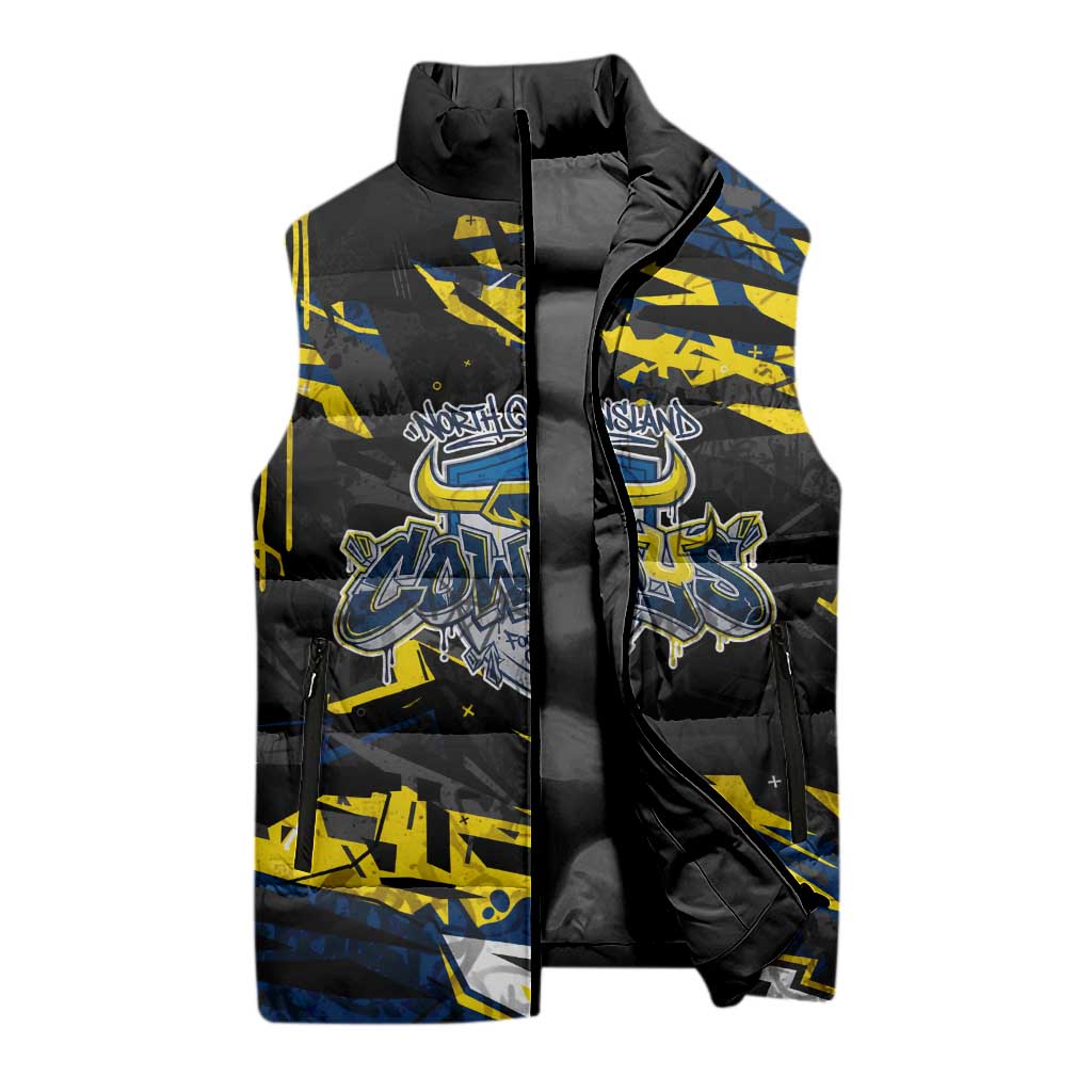 Personalized North Queensland Cowboys Sleeveless Puffer Jacket Graffiti Grunge Abstract Urban Street Style Design