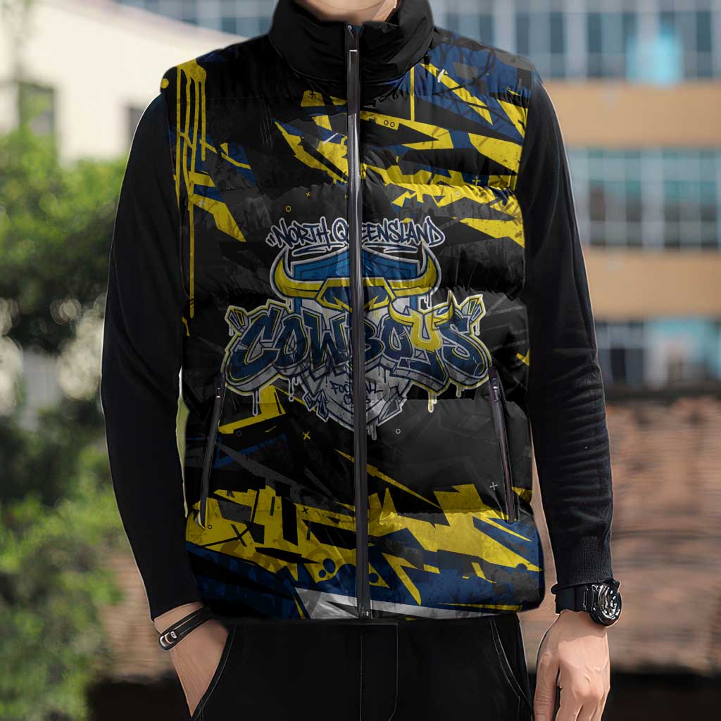 Personalized North Queensland Cowboys Sleeveless Puffer Jacket Graffiti Grunge Abstract Urban Street Style Design