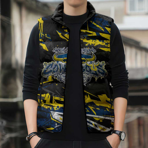 Personalized North Queensland Cowboys Sleeveless Puffer Jacket Graffiti Grunge Abstract Urban Street Style Design