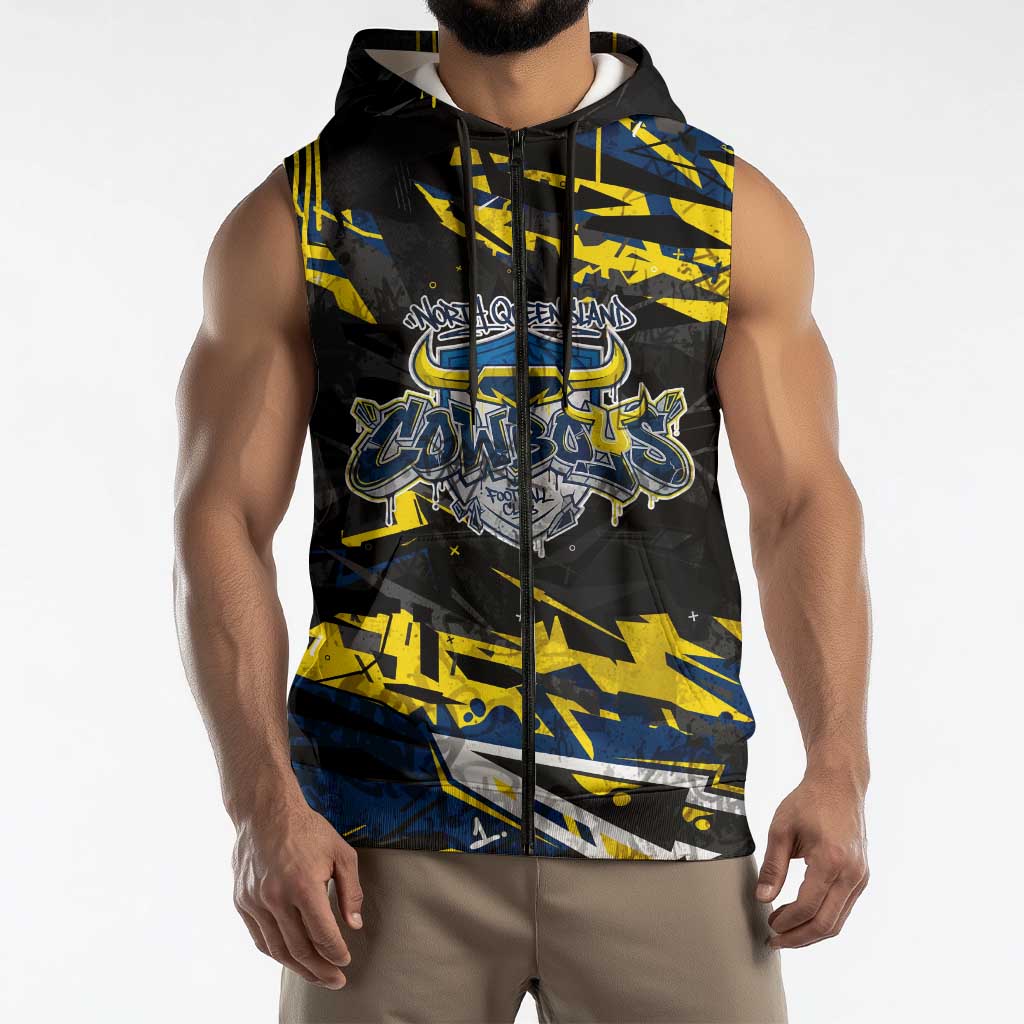 Personalized North Queensland Cowboys Sleeveless Zip Hoodie Graffiti Grunge Abstract Urban Street Style Design