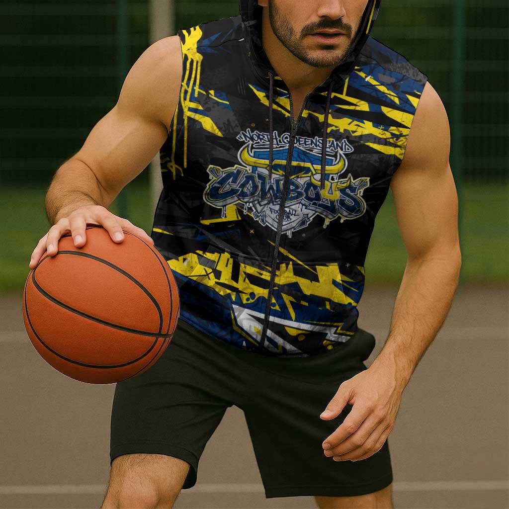 Personalized North Queensland Cowboys Sleeveless Zip Hoodie Graffiti Grunge Abstract Urban Street Style Design