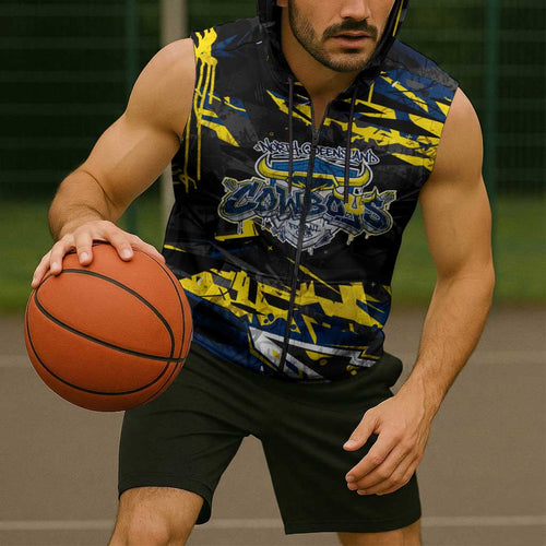 Personalized North Queensland Cowboys Sleeveless Zip Hoodie Graffiti Grunge Abstract Urban Street Style Design