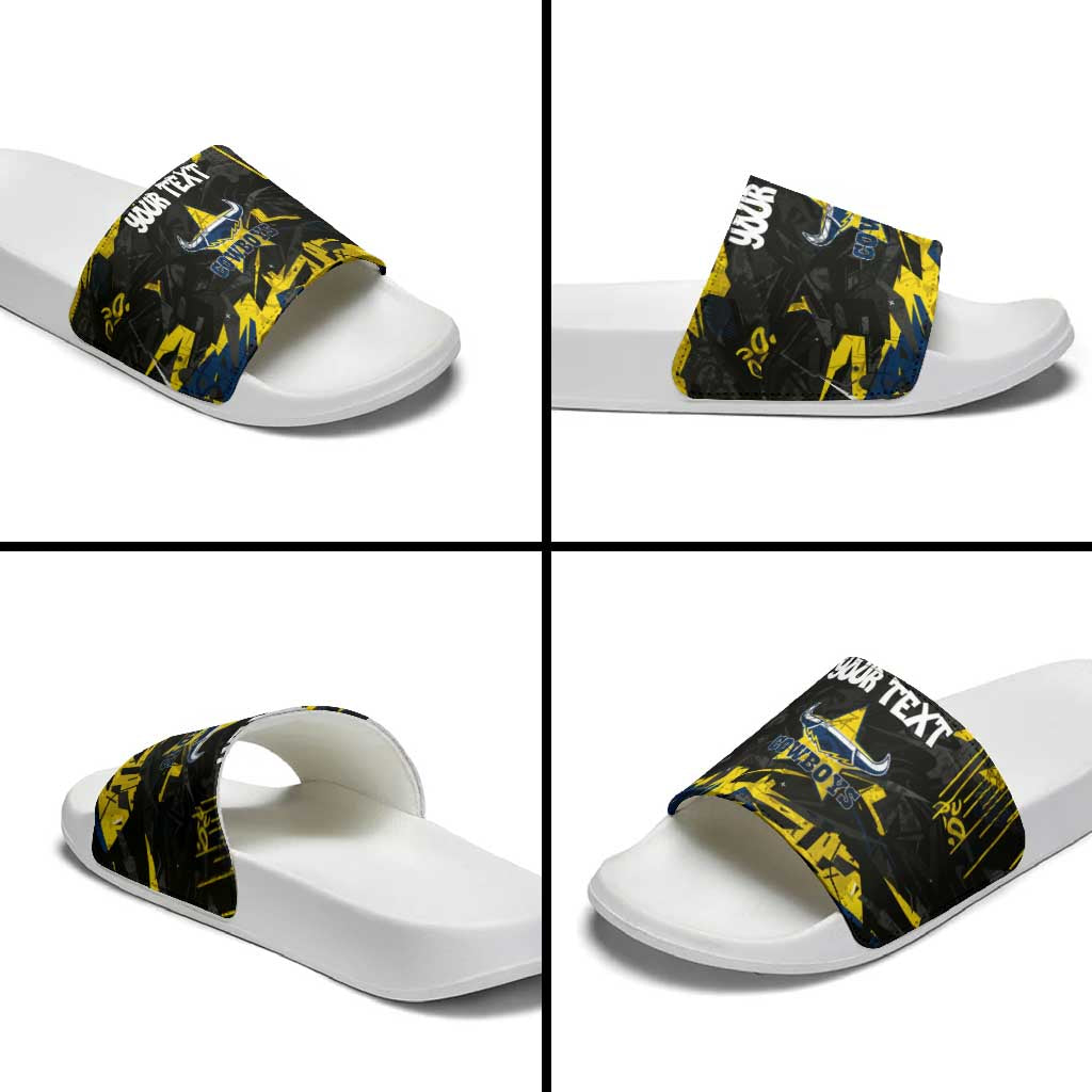Personalized North Queensland Cowboys Slide Sandals Graffiti Grunge Abstract Urban Street Style Design