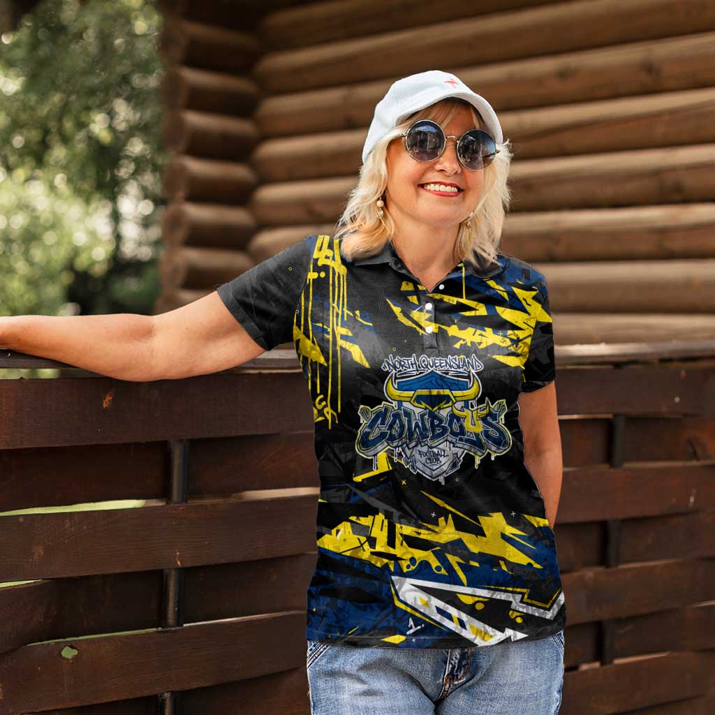 Personalized North Queensland Cowboys Women Polo Shirt Graffiti Grunge Abstract Urban Street Style Design