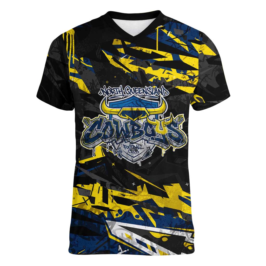 Personalized North Queensland Cowboys Women V-Neck T-Shirt Graffiti Grunge Abstract Urban Street Style Design