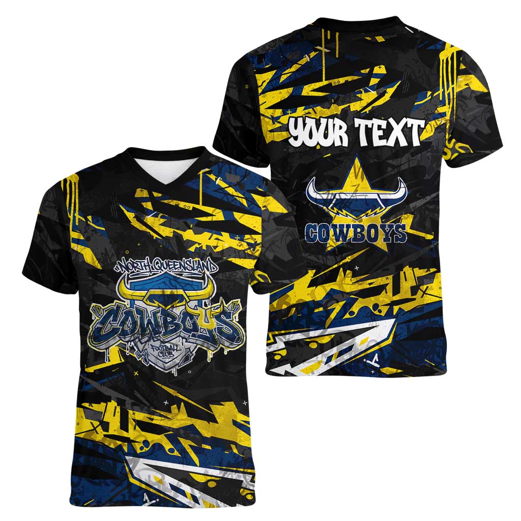 Personalized North Queensland Cowboys Women V-Neck T-Shirt Graffiti Grunge Abstract Urban Street Style Design
