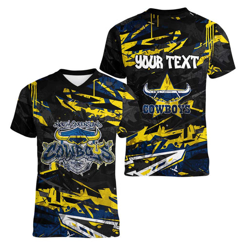 Personalized North Queensland Cowboys Women V-Neck T-Shirt Graffiti Grunge Abstract Urban Street Style Design