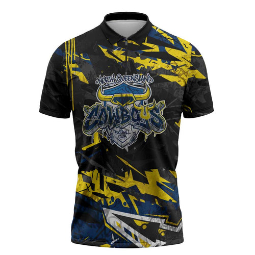 Personalized North Queensland Cowboys Zipper Polo Shirt Graffiti Grunge Abstract Urban Street Style Design