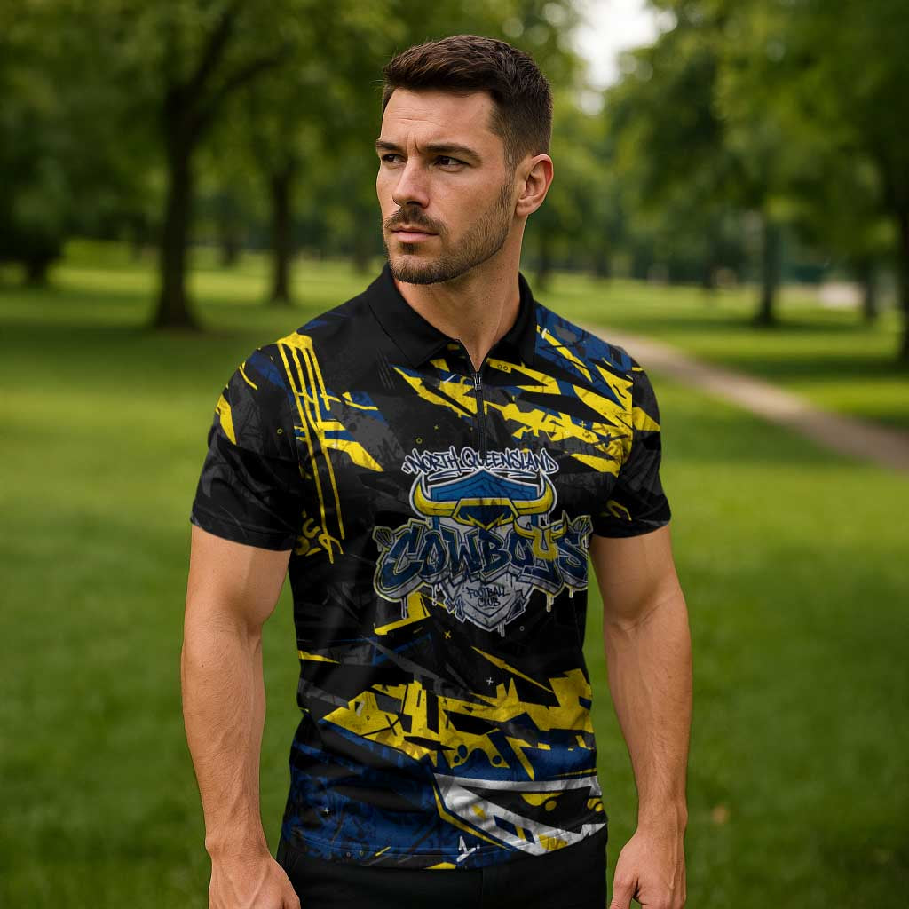 Personalized North Queensland Cowboys Zipper Polo Shirt Graffiti Grunge Abstract Urban Street Style Design