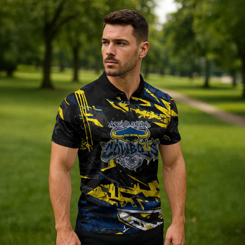 Personalized North Queensland Cowboys Zipper Polo Shirt Graffiti Grunge Abstract Urban Street Style Design