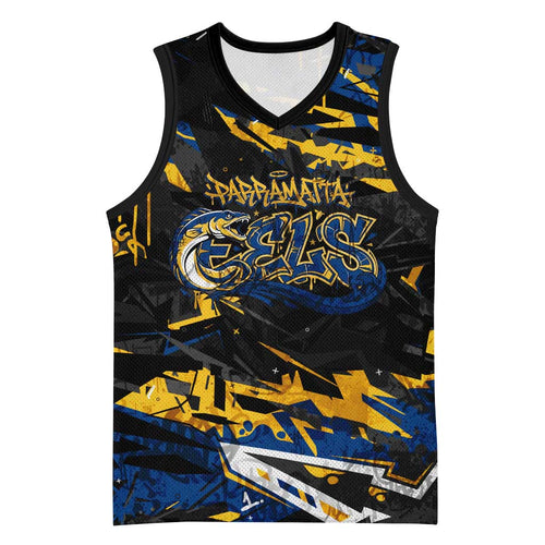Personalized Parramatta Eels Basketball Jersey Graffiti Grunge Abstract Urban Street Style Design