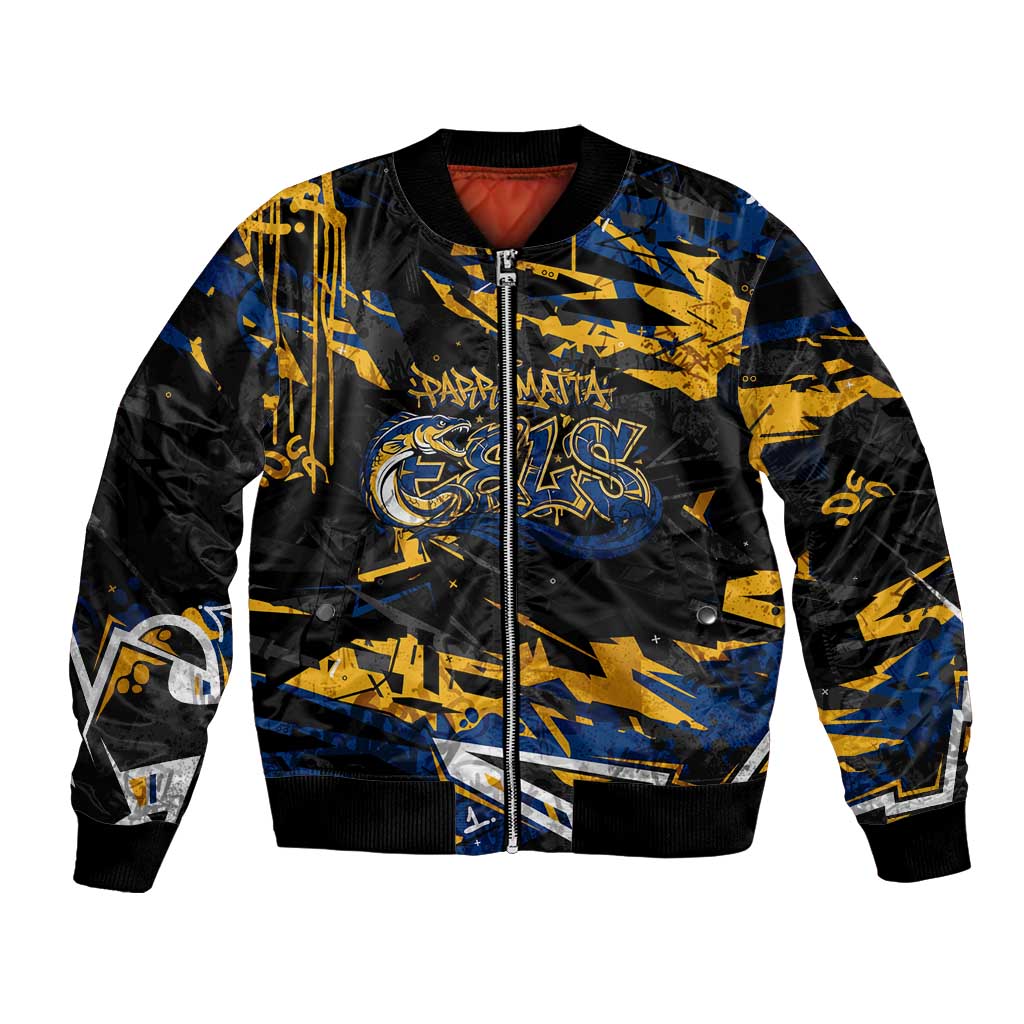 Personalized Parramatta Eels Bomber Jacket Graffiti Grunge Abstract Urban Street Style Design