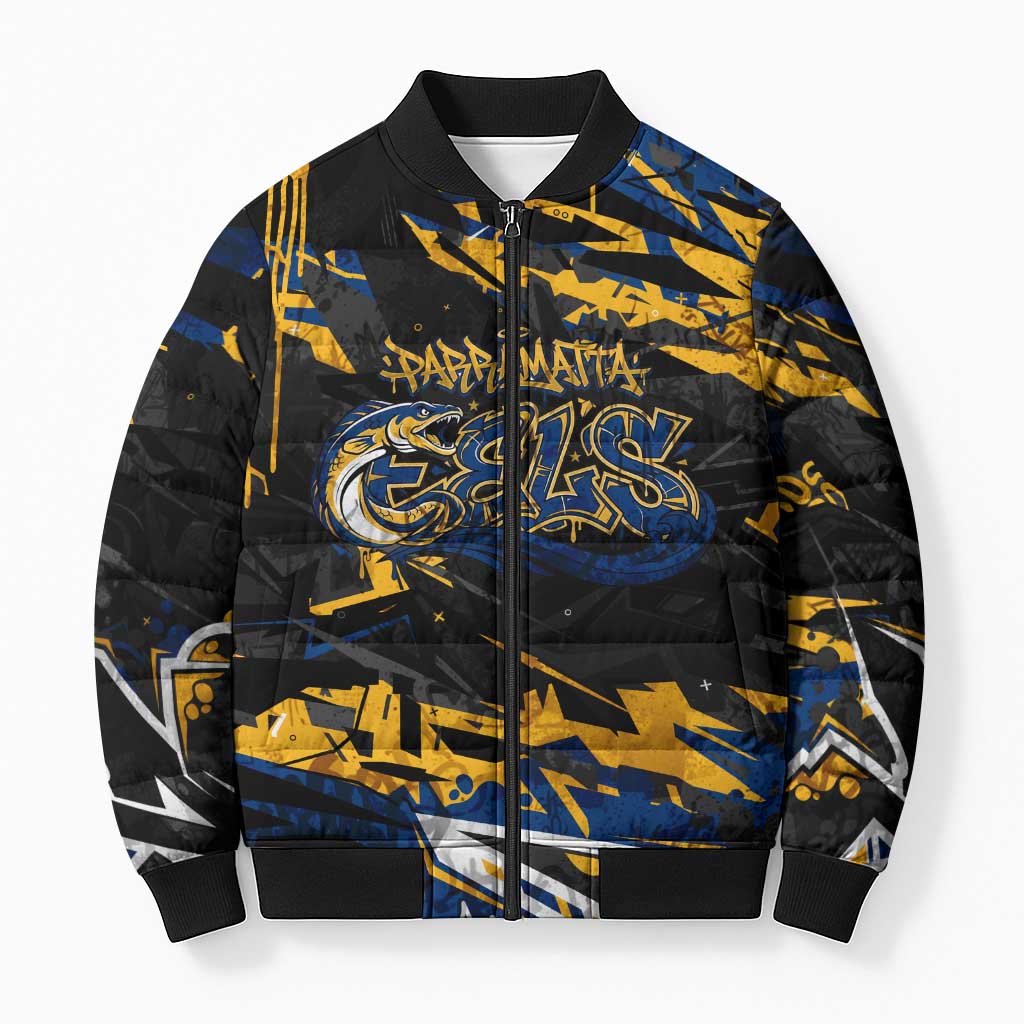 Personalized Parramatta Eels Bomber Puffer Jacket Graffiti Grunge Abstract Urban Street Style Design