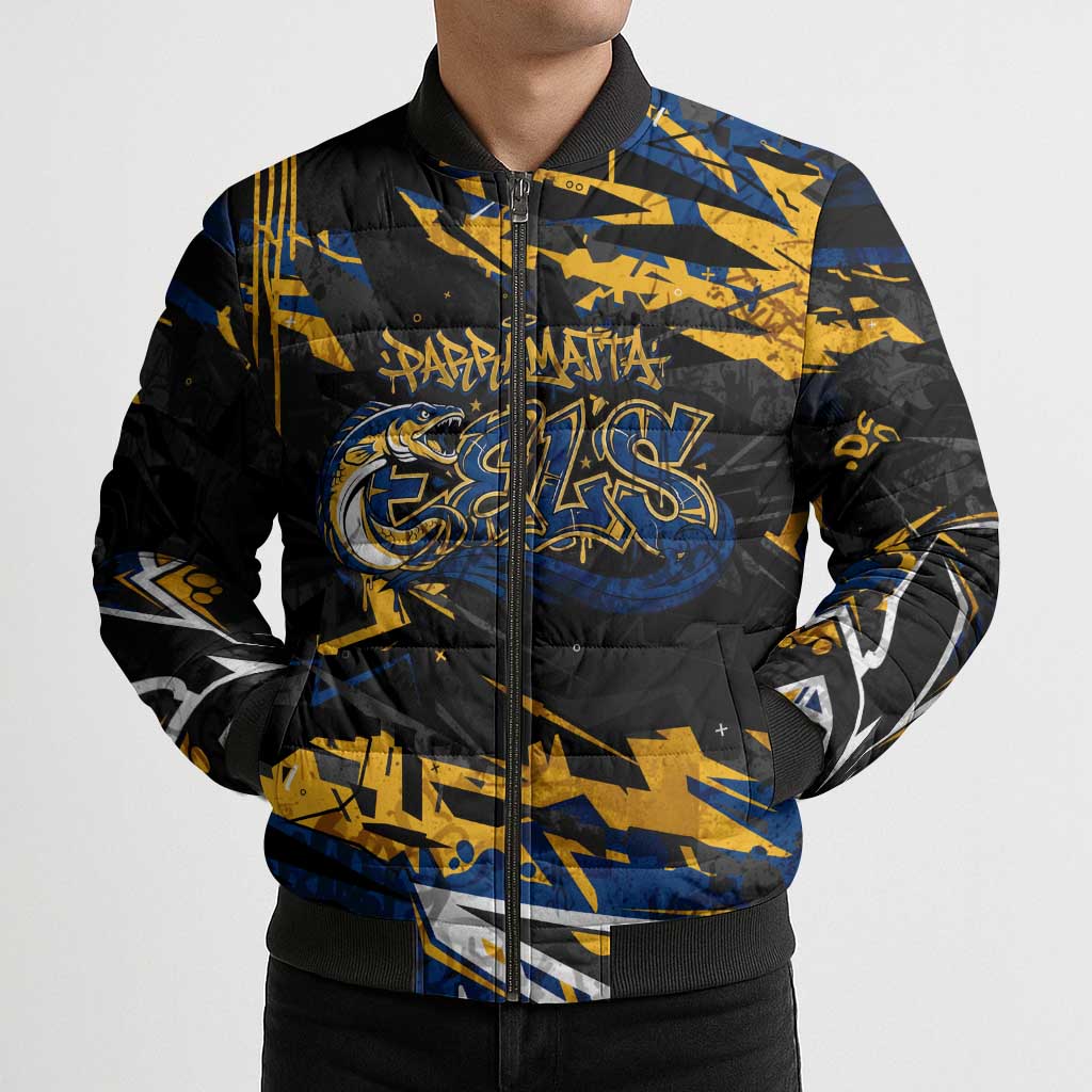 Personalized Parramatta Eels Bomber Puffer Jacket Graffiti Grunge Abstract Urban Street Style Design