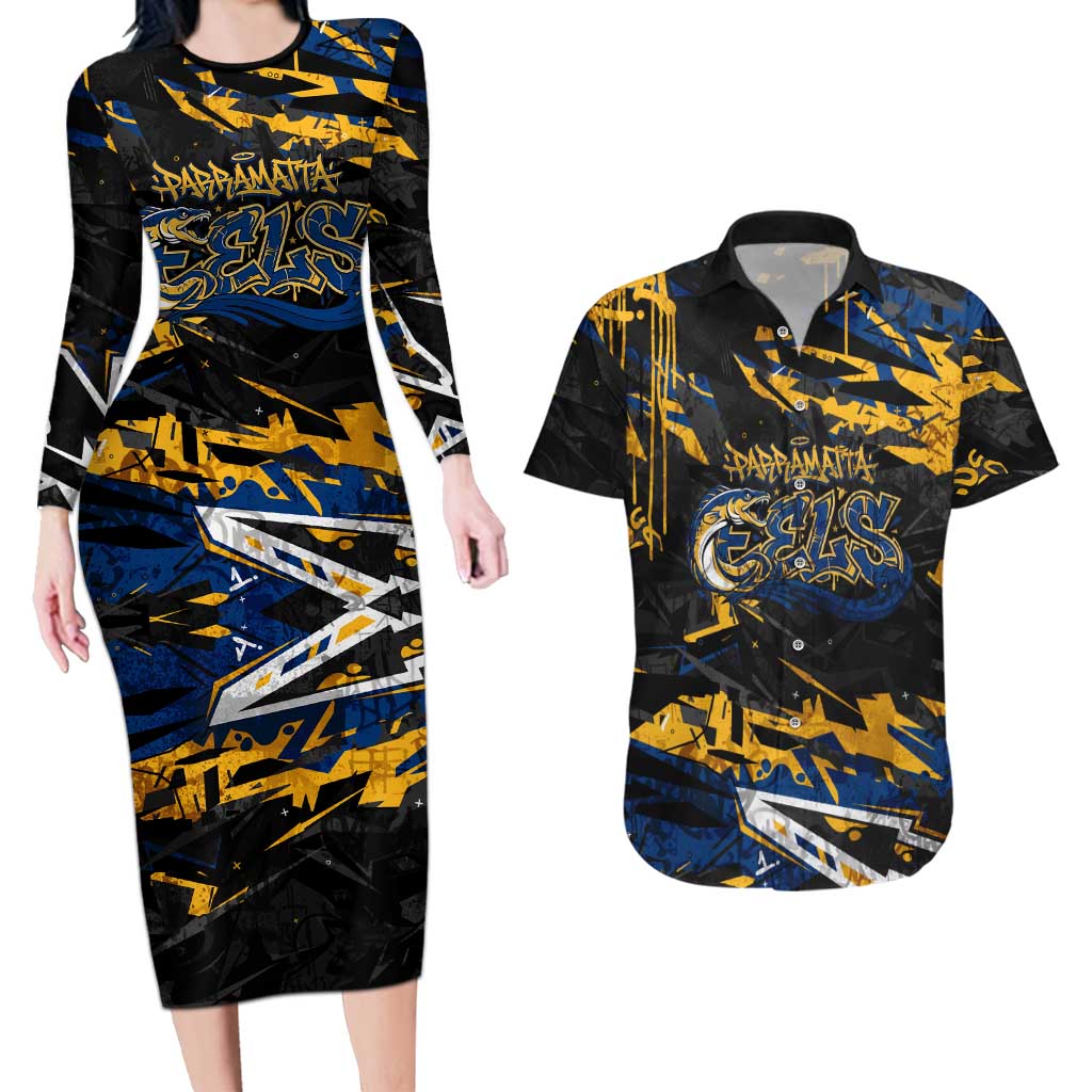 Personalized Parramatta Eels Couples Matching Long Sleeve Bodycon Dress and Hawaiian Shirt Graffiti Grunge Abstract Urban Street Style Design
