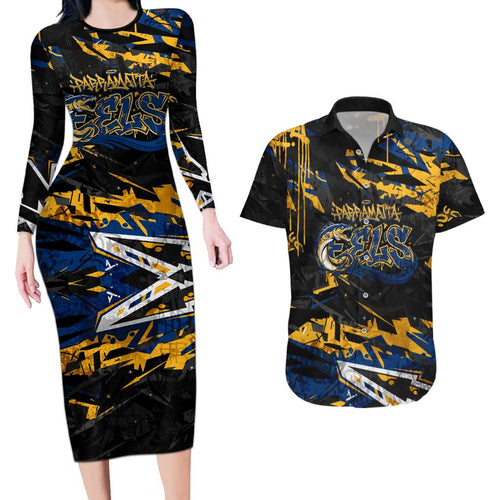 Personalized Parramatta Eels Couples Matching Long Sleeve Bodycon Dress and Hawaiian Shirt Graffiti Grunge Abstract Urban Street Style Design