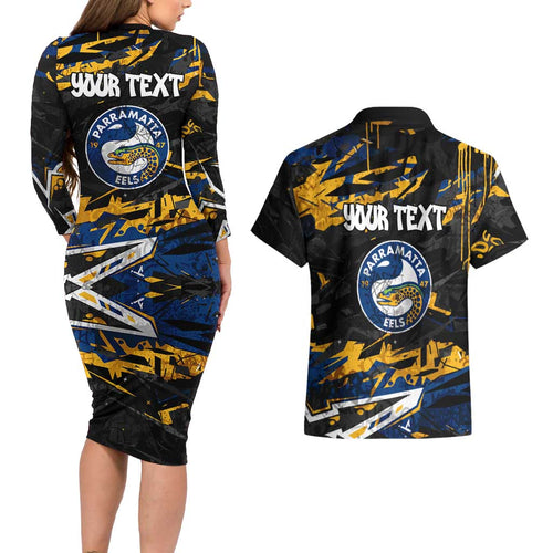 Personalized Parramatta Eels Couples Matching Long Sleeve Bodycon Dress and Hawaiian Shirt Graffiti Grunge Abstract Urban Street Style Design
