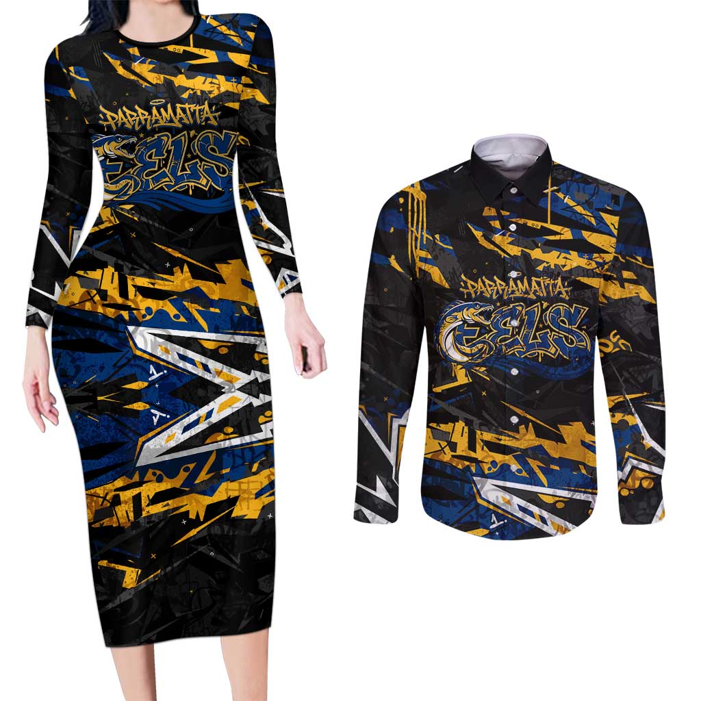 Personalized Parramatta Eels Couples Matching Long Sleeve Bodycon Dress and Long Sleeve Button Shirt Graffiti Grunge Abstract Urban Street Style Design
