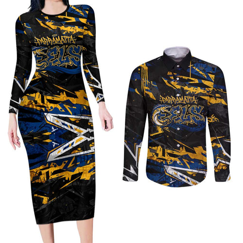 Personalized Parramatta Eels Couples Matching Long Sleeve Bodycon Dress and Long Sleeve Button Shirt Graffiti Grunge Abstract Urban Street Style Design