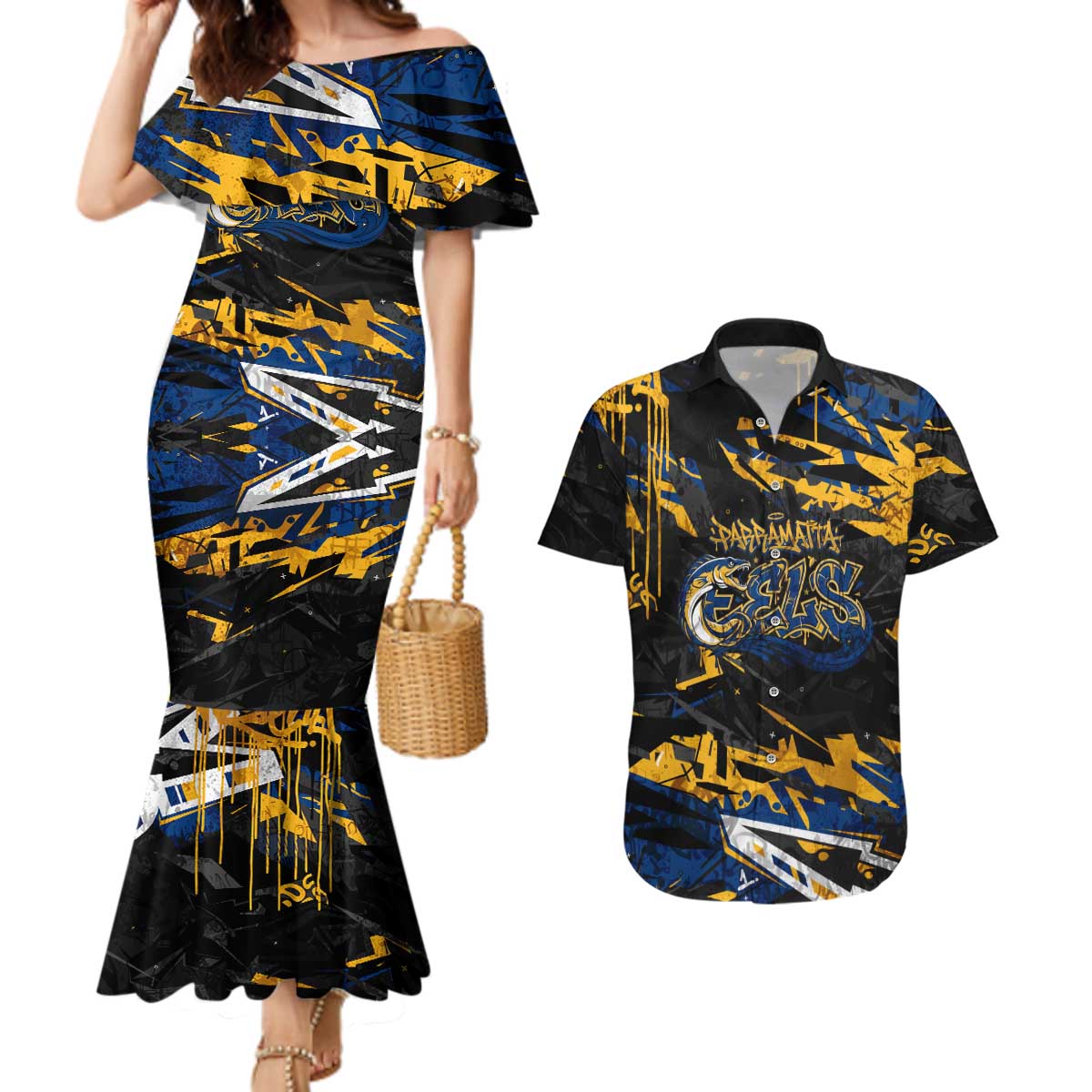 Personalized Parramatta Eels Couples Matching Mermaid Dress and Hawaiian Shirt Graffiti Grunge Abstract Urban Street Style Design