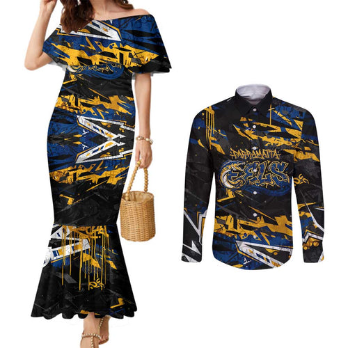 Personalized Parramatta Eels Couples Matching Mermaid Dress and Long Sleeve Button Shirt Graffiti Grunge Abstract Urban Street Style Design