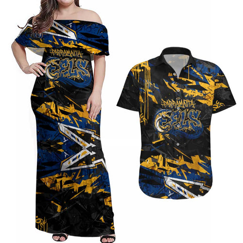 Personalized Parramatta Eels Couples Matching Off Shoulder Maxi Dress and Hawaiian Shirt Graffiti Grunge Abstract Urban Street Style Design