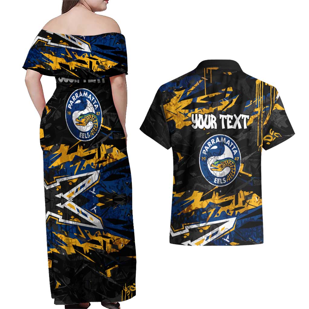 Personalized Parramatta Eels Couples Matching Off Shoulder Maxi Dress and Hawaiian Shirt Graffiti Grunge Abstract Urban Street Style Design