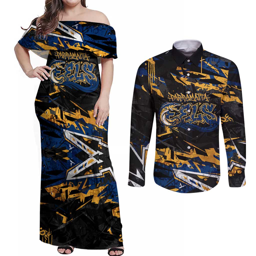 Personalized Parramatta Eels Couples Matching Off Shoulder Maxi Dress and Long Sleeve Button Shirt Graffiti Grunge Abstract Urban Street Style Design
