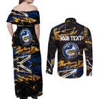 Personalized Parramatta Eels Couples Matching Off Shoulder Maxi Dress and Long Sleeve Button Shirt Graffiti Grunge Abstract Urban Street Style Design