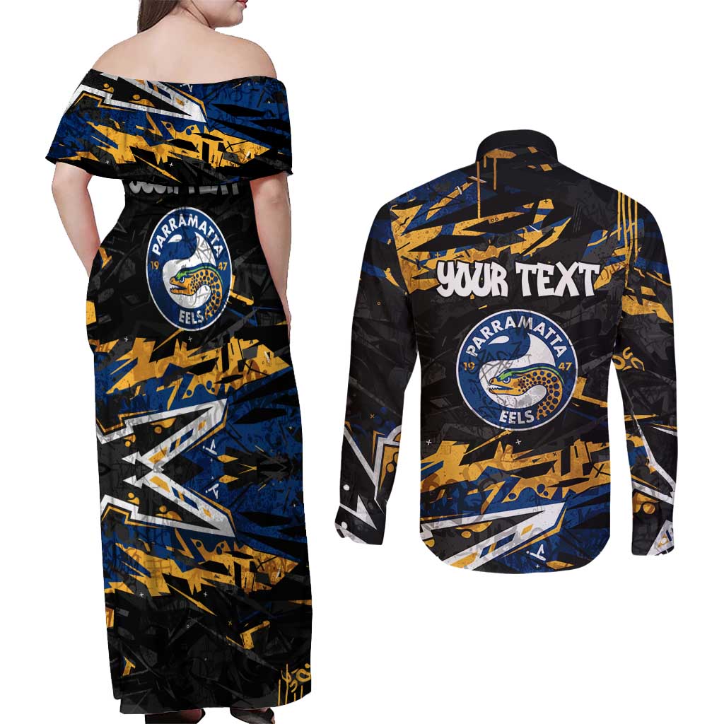 Personalized Parramatta Eels Couples Matching Off Shoulder Maxi Dress and Long Sleeve Button Shirt Graffiti Grunge Abstract Urban Street Style Design