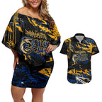 Personalized Parramatta Eels Couples Matching Off Shoulder Short Dress and Hawaiian Shirt Graffiti Grunge Abstract Urban Street Style Design