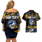 Personalized Parramatta Eels Couples Matching Off Shoulder Short Dress and Hawaiian Shirt Graffiti Grunge Abstract Urban Street Style Design