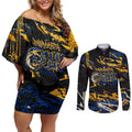 Personalized Parramatta Eels Couples Matching Off Shoulder Short Dress and Long Sleeve Button Shirt Graffiti Grunge Abstract Urban Street Style Design