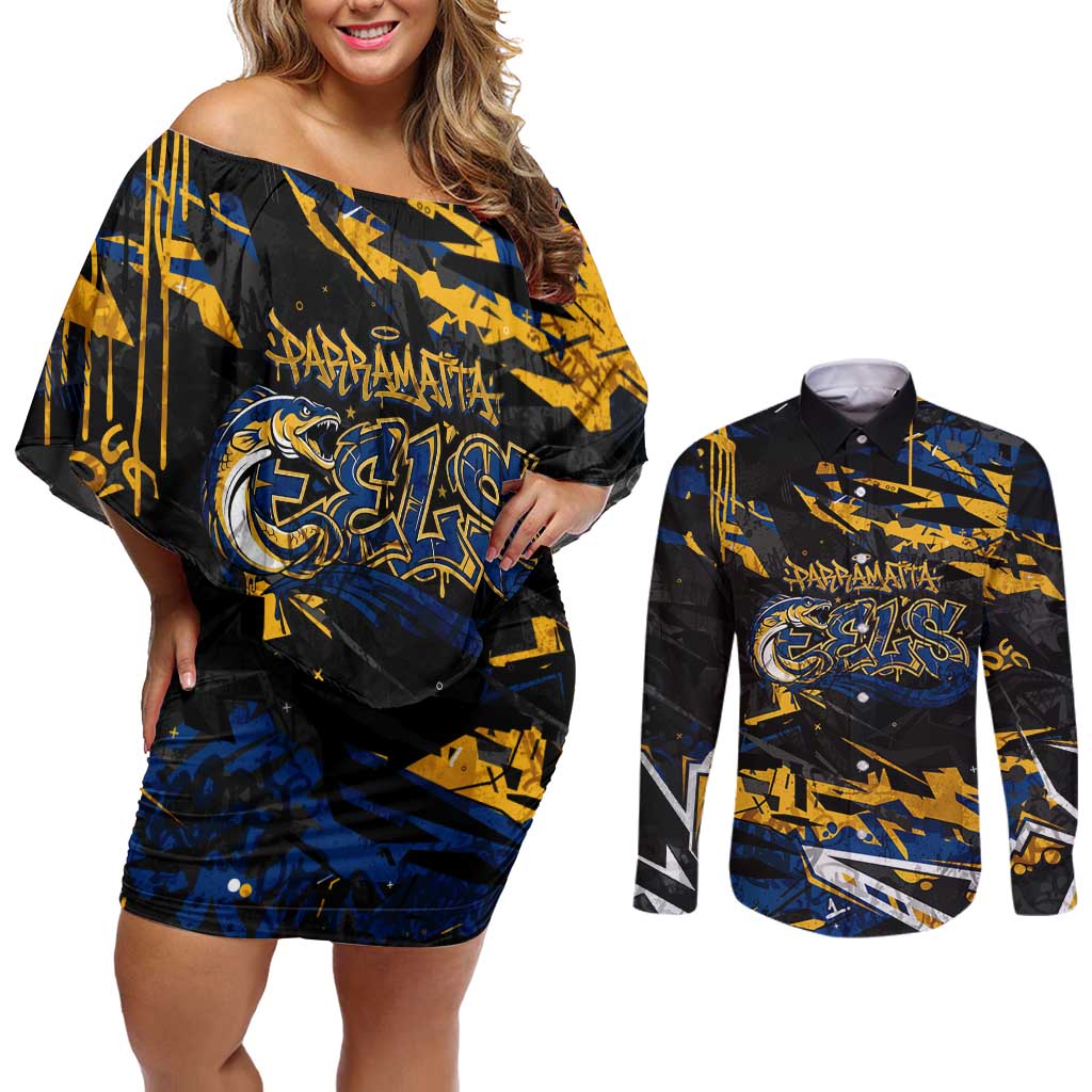 Personalized Parramatta Eels Couples Matching Off Shoulder Short Dress and Long Sleeve Button Shirt Graffiti Grunge Abstract Urban Street Style Design