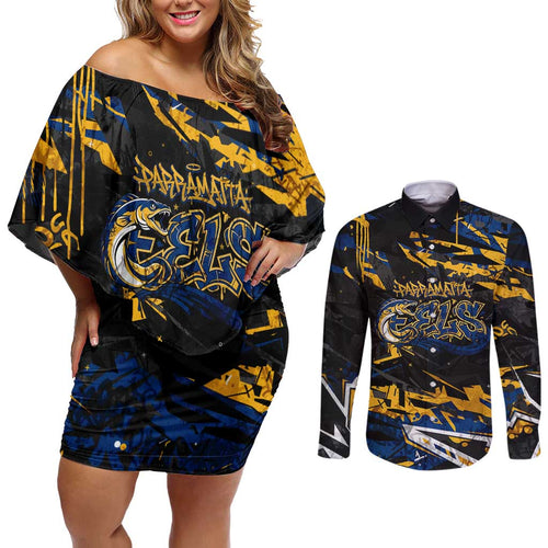 Personalized Parramatta Eels Couples Matching Off Shoulder Short Dress and Long Sleeve Button Shirt Graffiti Grunge Abstract Urban Street Style Design