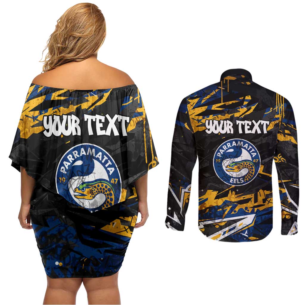 Personalized Parramatta Eels Couples Matching Off Shoulder Short Dress and Long Sleeve Button Shirt Graffiti Grunge Abstract Urban Street Style Design