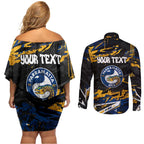 Personalized Parramatta Eels Couples Matching Off Shoulder Short Dress and Long Sleeve Button Shirt Graffiti Grunge Abstract Urban Street Style Design