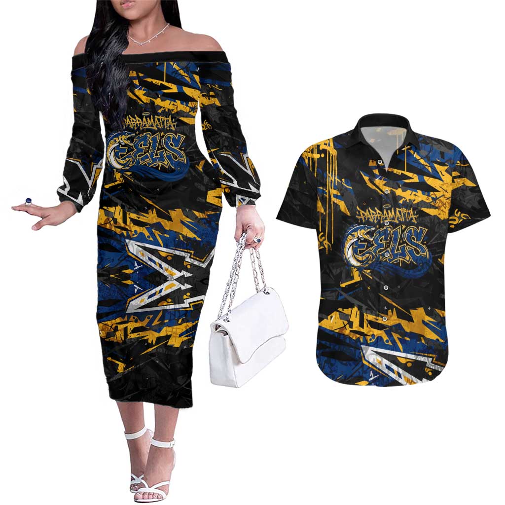 Personalized Parramatta Eels Couples Matching Off The Shoulder Long Sleeve Dress and Hawaiian Shirt Graffiti Grunge Abstract Urban Street Style Design