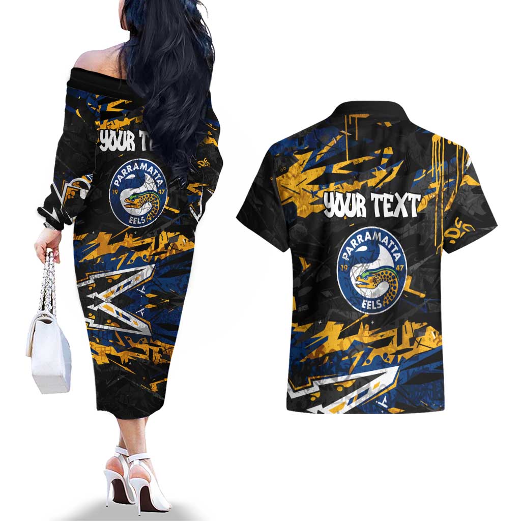 Personalized Parramatta Eels Couples Matching Off The Shoulder Long Sleeve Dress and Hawaiian Shirt Graffiti Grunge Abstract Urban Street Style Design