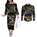 Personalized Parramatta Eels Couples Matching Off The Shoulder Long Sleeve Dress and Long Sleeve Button Shirt Graffiti Grunge Abstract Urban Street Style Design