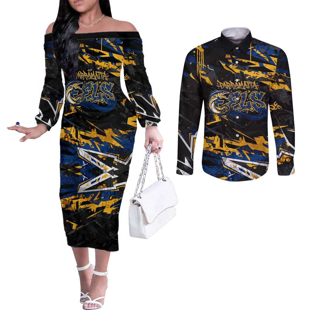 Personalized Parramatta Eels Couples Matching Off The Shoulder Long Sleeve Dress and Long Sleeve Button Shirt Graffiti Grunge Abstract Urban Street Style Design