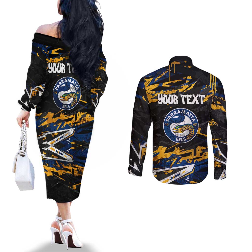 Personalized Parramatta Eels Couples Matching Off The Shoulder Long Sleeve Dress and Long Sleeve Button Shirt Graffiti Grunge Abstract Urban Street Style Design