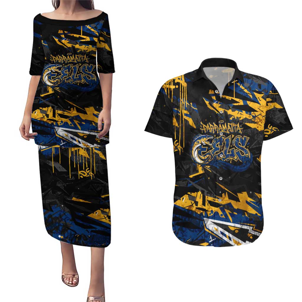 Personalized Parramatta Eels Couples Matching Puletasi and Hawaiian Shirt Graffiti Grunge Abstract Urban Street Style Design