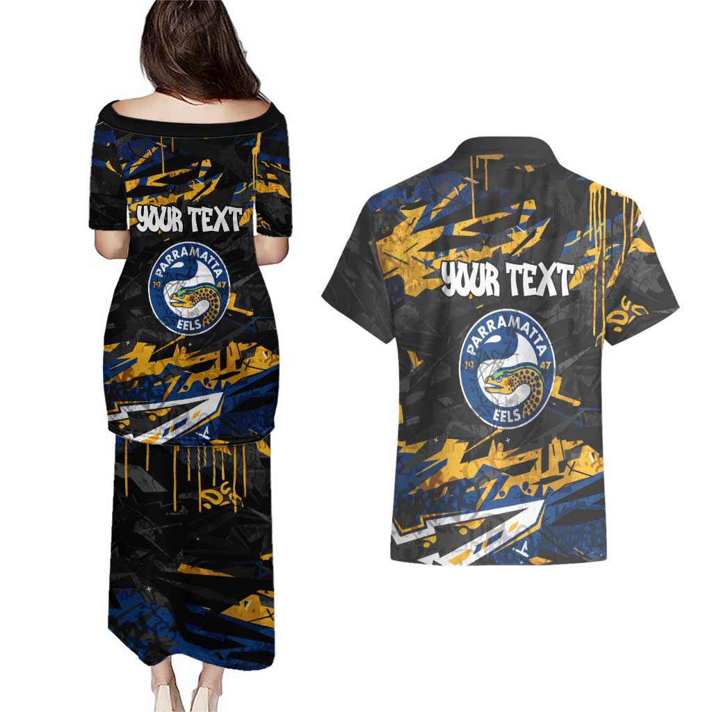 Personalized Parramatta Eels Couples Matching Puletasi and Hawaiian Shirt Graffiti Grunge Abstract Urban Street Style Design