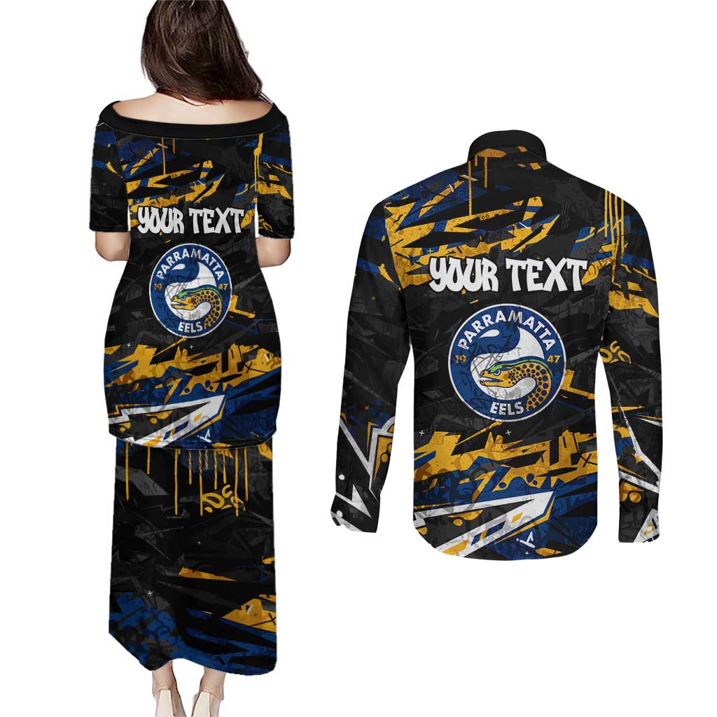Personalized Parramatta Eels Couples Matching Puletasi and Long Sleeve Button Shirt Graffiti Grunge Abstract Urban Street Style Design
