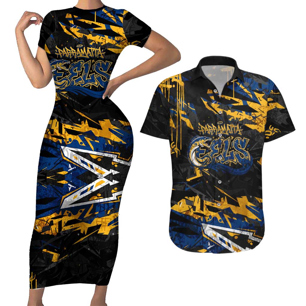 Personalized Parramatta Eels Couples Matching Short Sleeve Bodycon Dress and Hawaiian Shirt Graffiti Grunge Abstract Urban Street Style Design
