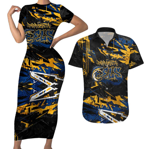Personalized Parramatta Eels Couples Matching Short Sleeve Bodycon Dress and Hawaiian Shirt Graffiti Grunge Abstract Urban Street Style Design